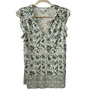 Lucky Brand Small Green White Boho Paisley Floral Ruffle Sleeve V-Neck Blouse